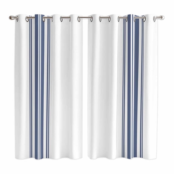 Abstract Geometric Blue Stripe Kitchen Curtains 63 Inch Length, White Backdrop Grommet Top Bedroom Living Room Curtains, Light Filtering Cafe Curtain Drapes 2 Panels Set 84''x63''