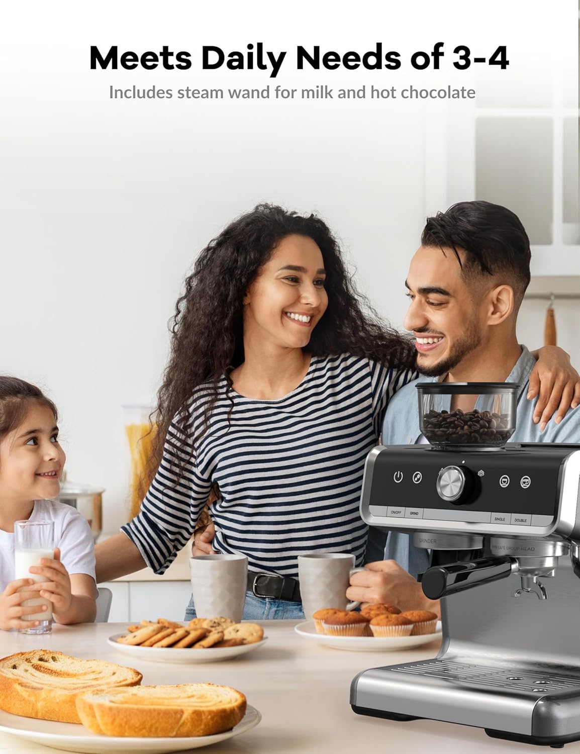 Espresso Machine with Grinder and Milk Frother Steam Wand, 20 Bar Coffee Maker with 95oz Water Tank, Professional 3 In 1 Espresso Maker for Cappuccino and Latte (1450w) - Light Gray