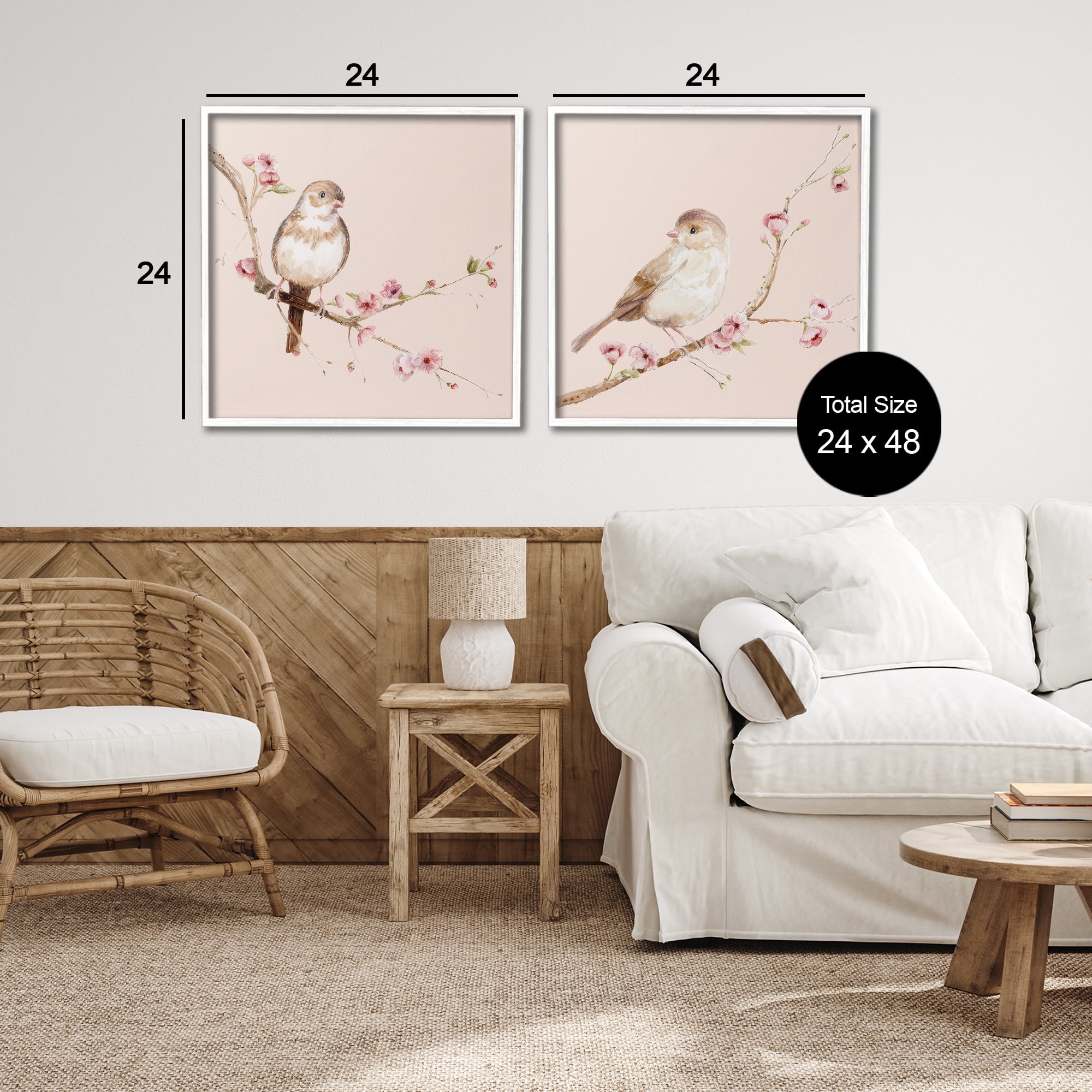 Sweetest Brown Birds Branch 2 Piece White Framed Giclee Art Set, design by Lisa Wehmeyer