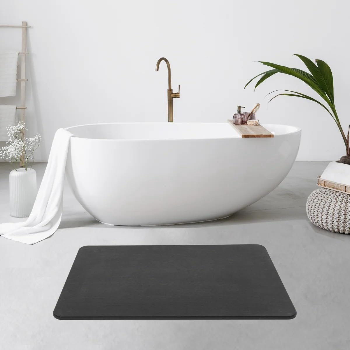 J&V TEXTILES Stone Bath Mat Diatomaceous Earth Shower Mat Non-Slip Super Absorbent Diatomite Stone Mats for Bathroom Floor Quick-Drying Easy to Clean 24''15'' Grey Matte Black