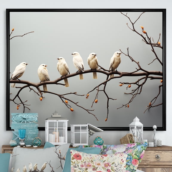 Designart "Modern Gathering Of Avians On Limb" Animals Bird Floater Framed Wall Decor