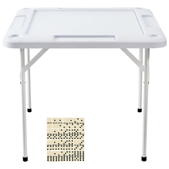 Portable 4-Player Folding Game Table with Cup Holders&Chip Trays,35.4" Square Domino&Mahjong Table Includes Domino Set for Poker Puzzles,White