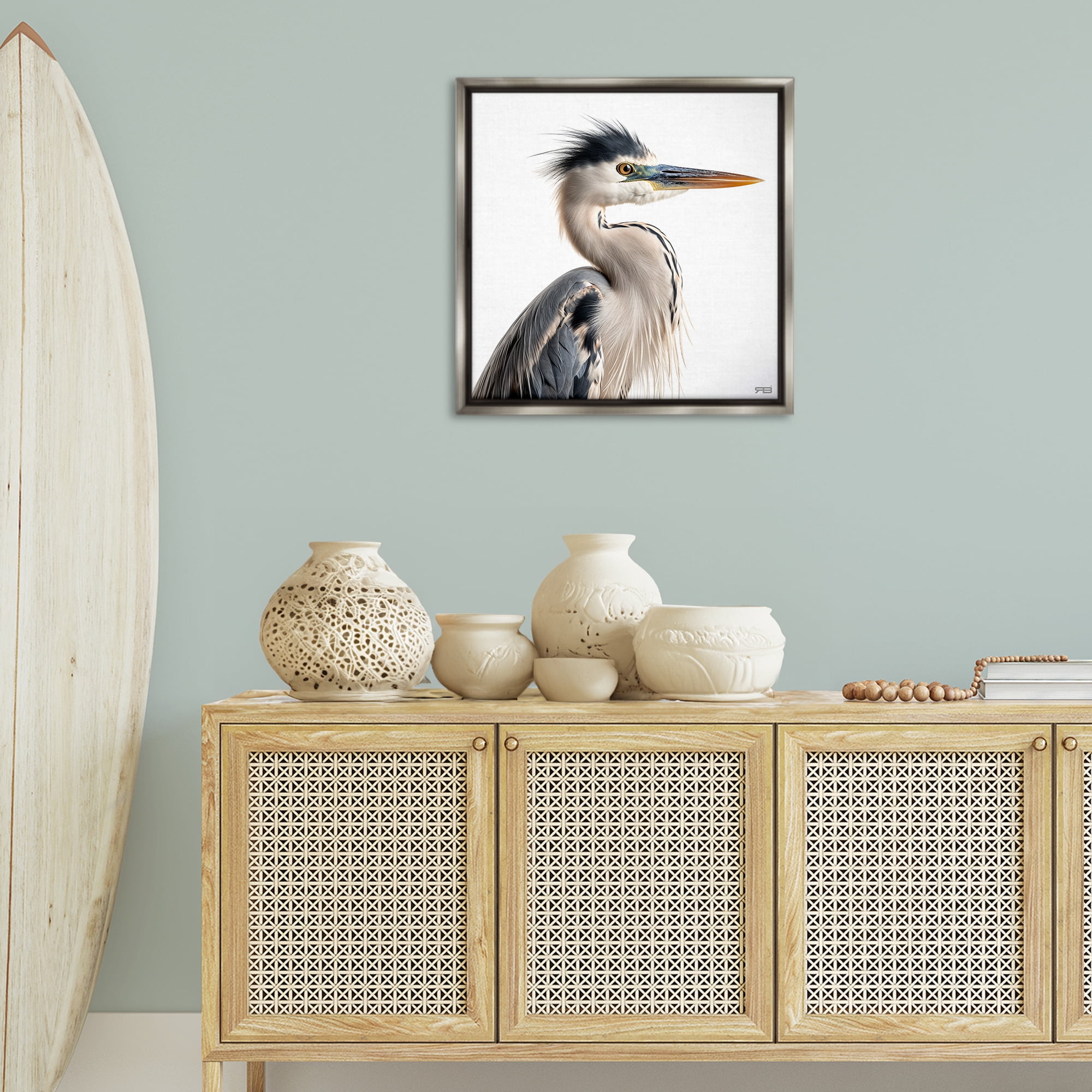 Stupell Industries Stoic Heron Looking Right Animals & Insects Painting Gray Floater Framed Canvas Art Print Wall Art, 25 x 25