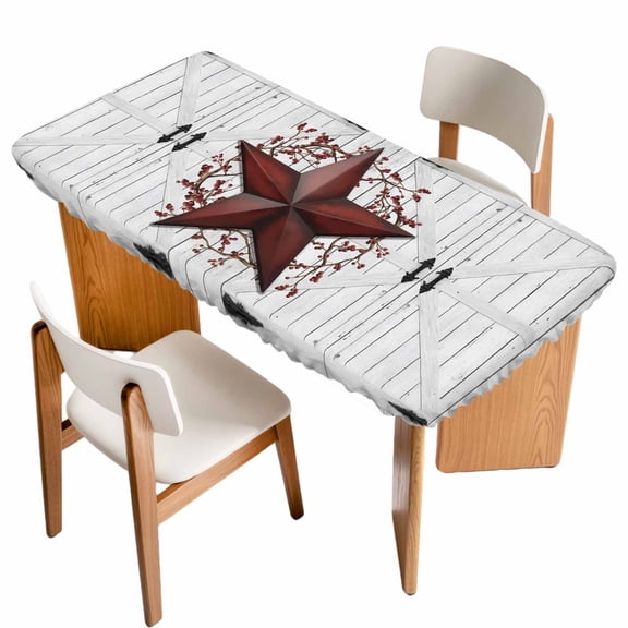 Texas Star Retro Table Cloths for 6 Foot Rectangle Tables, Vintage Red Wooden Berry Patio Waterproof Elastic Fitted Tablecloths, Washable Rectangular Table Cover for Camping