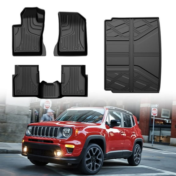 IKABEVEM Custom Fit Floor Mats and Cargo Mat Set Compatible with Jeep Renegade 2015-2020 2021 2022 2023, All Weather Car Accessories Trunk Liner, 1st and 2nd Row Car Mat Black