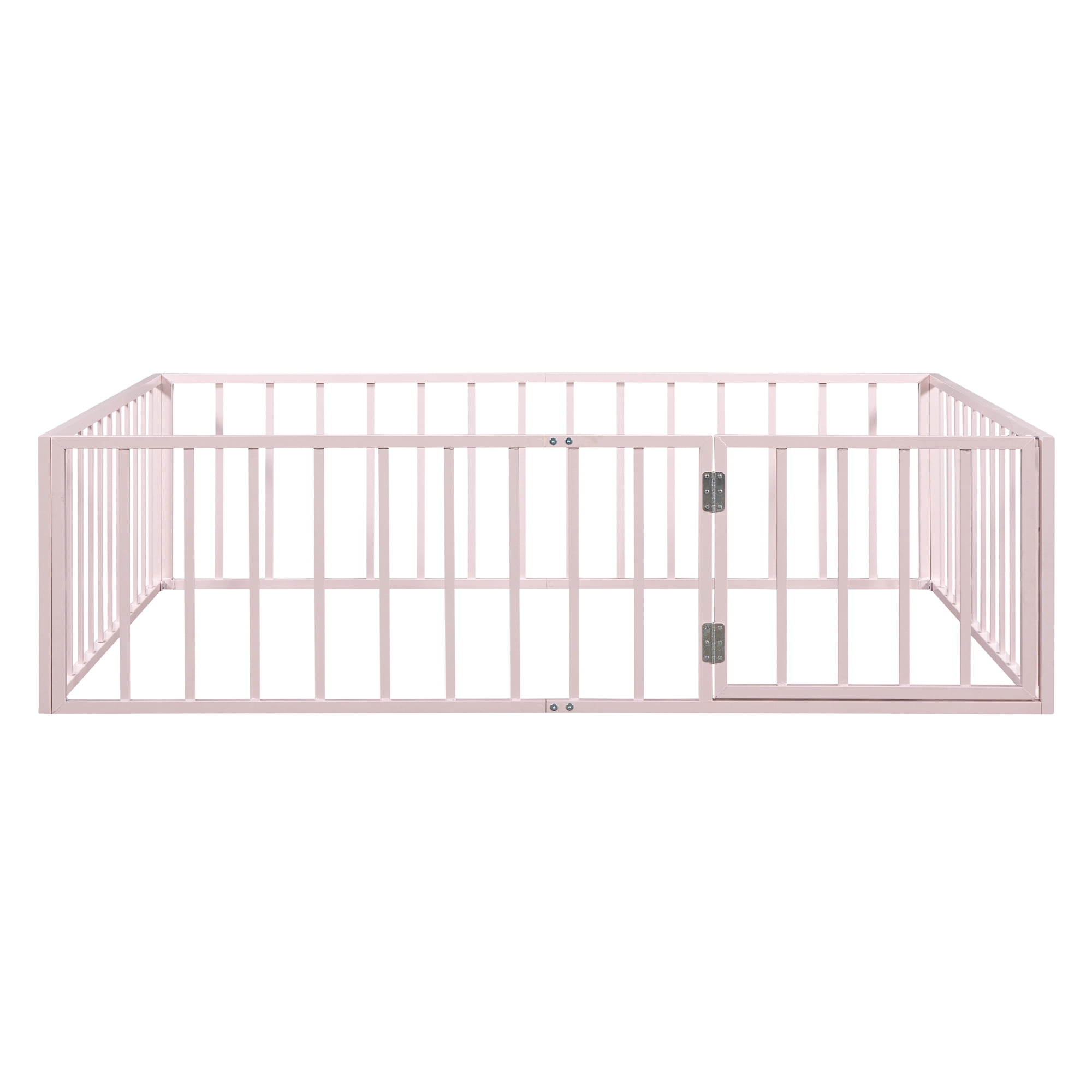 Full Floor Bed Frame for Kids, Metal Montessori Floor Bed with Door, Full Size Bed Frame with Fence-Shaped Guardrails, Floor Full Bed for Kids, Boys, Girls