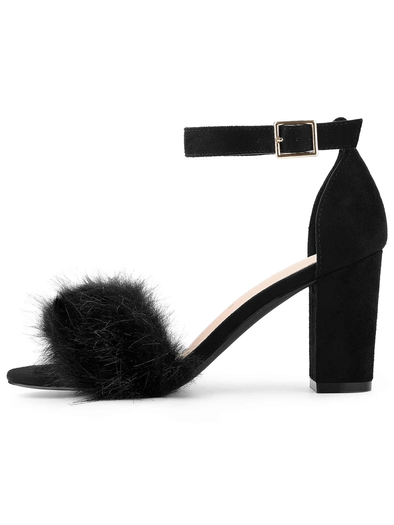DARING DIVA Women's Ankle Strap Faux Fur Block Heels Beige Sandals for Wear Black 8