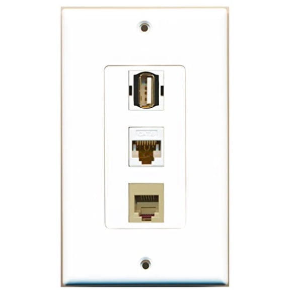 RiteAV - 1 Port USB A-A and 1 Port Phone RJ11 RJ12 Beige and 1 Port Cat6 Ethernet White Decorative Wall Plate Decorative