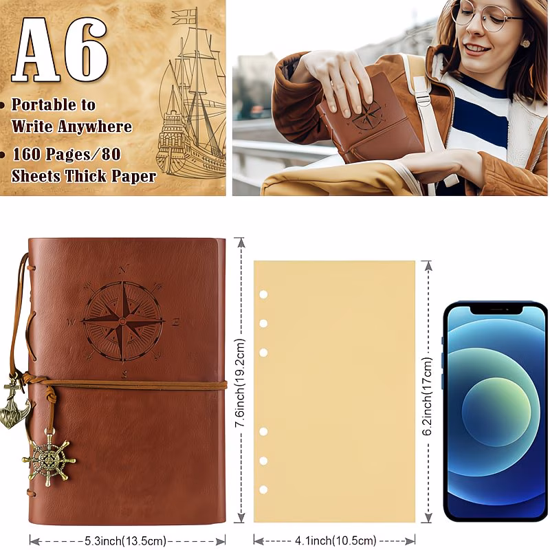 6 Pcs A6 Retro Compass Notebook Set, 5x7 Inch Leather Journal 160 Pages Blank Paper, Refillable Travel Notebook for Writing Exam Prep and Term Starts Gift,  Journals in Bulk