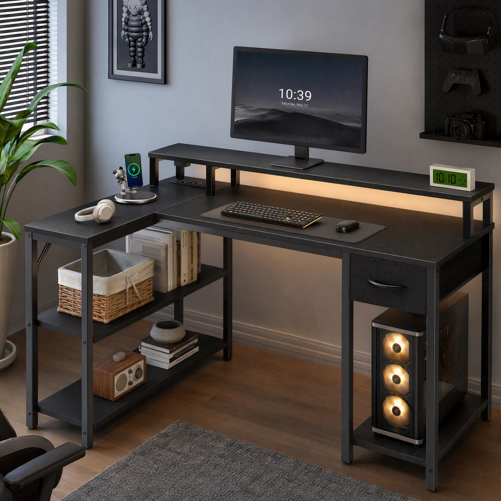 Telyra 53 Inch Gaming Table with USB Charging Port and Led Light, Reversible L-Shaped Table with Power Socket and Monitor Stand