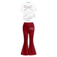 thumbnail image 3 of ZHOGXU Big Kids Girls Outfit Bow Printed Short Sleeve Round Neck Top And Flare Leg Pants Two Piece Comfortable Fashion Sets For Daily Wear Brick Red 9-10 Years, 3 of 5
