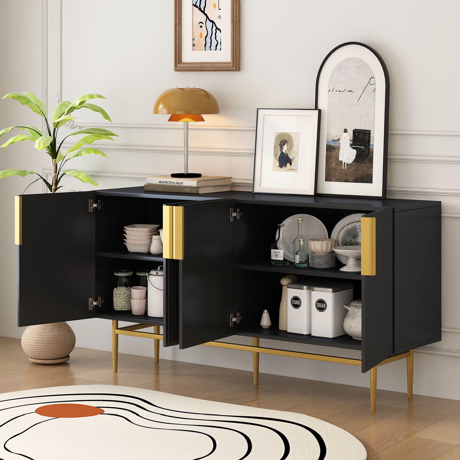 Kadyn 4-door Sideboard Buffet Cabinet, Accent Storage Cabinet with Gold Metal Handle, Kitchen Storage Cabinet for Hallway, Black