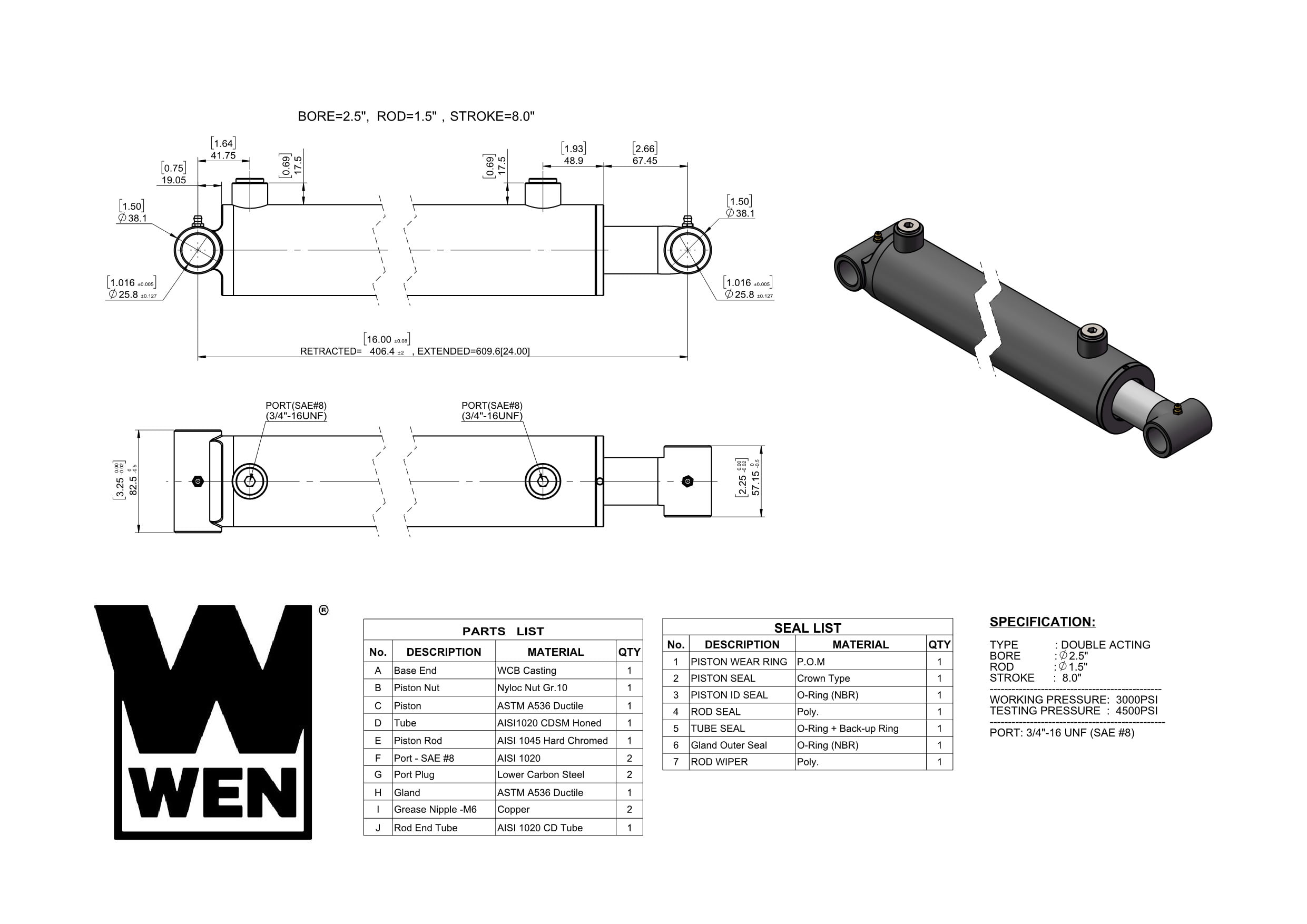 WEN Cross Tube Hydraulic Cylinder with 2.5-inch Bore and 8-inch Stroke