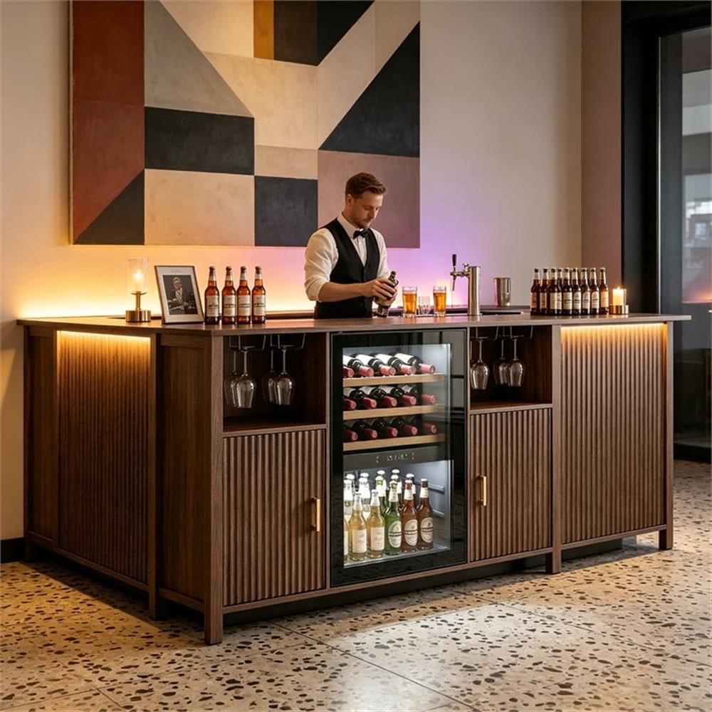 53" Brown Engineered Wood Coffee Bar Cabinet with Mini Fridge Space & Power