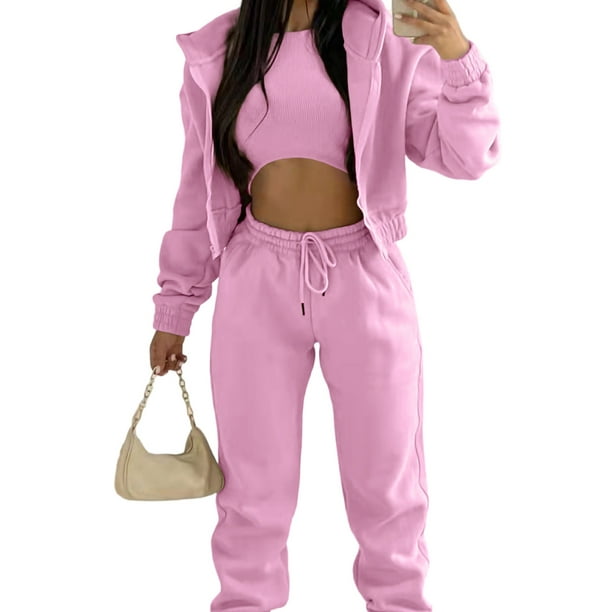 Fashnice Women 3 Piece Outfit Solid Color Jogger Set Long Sleeve Sweatsuits  Athletic Fitness Tracksuit Sets Pink XS 