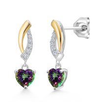 Gem Stone King 925 Silver and 10K Yellow Gold Green Mystic Topaz and White Lab Grown Diamond Dangle Earrings for Women | 1.27 Cttw | Gemstone November Birthstone | Heart Shape 5MM