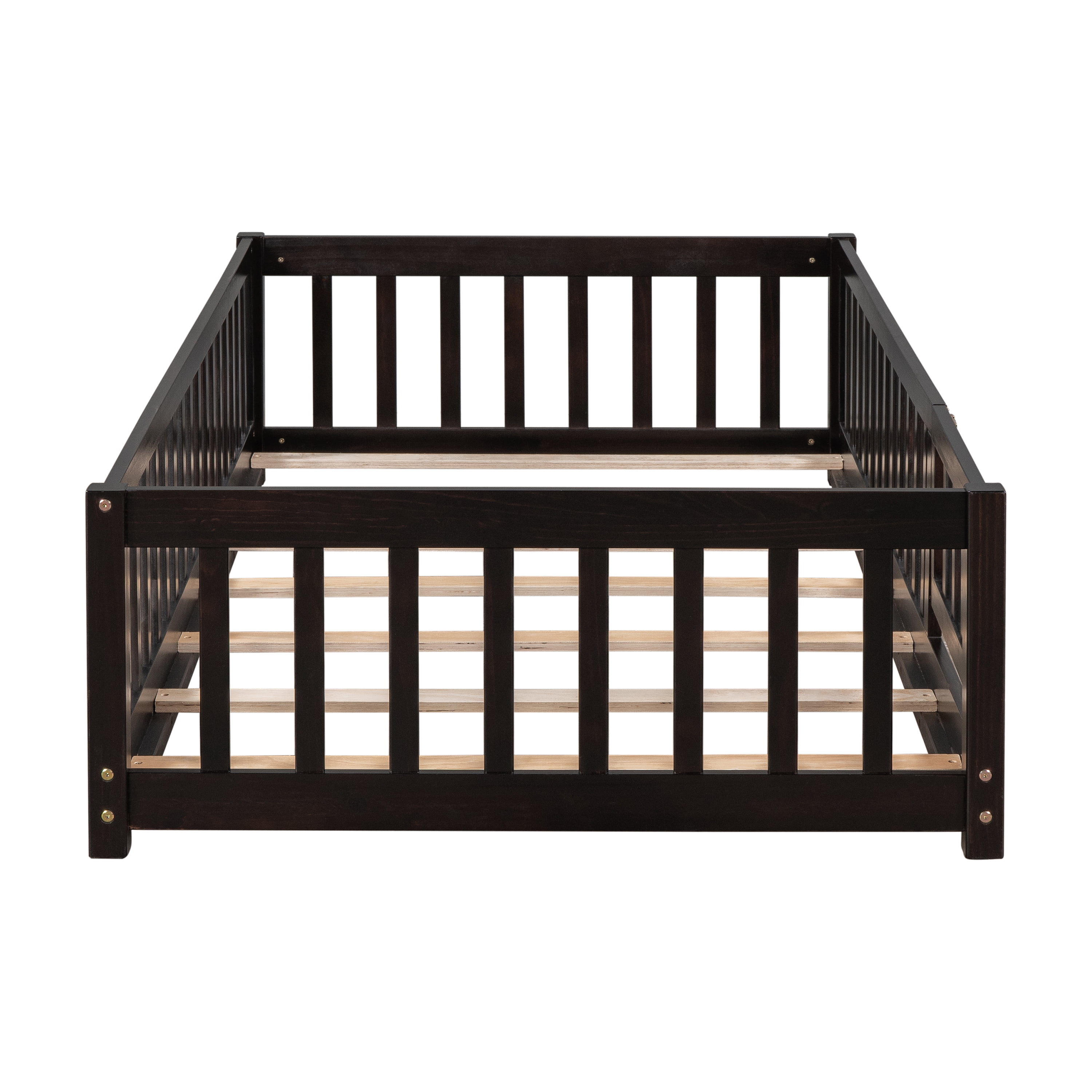 Miniyam Twin Size Toddler Floor Bed with Fence, Espresso