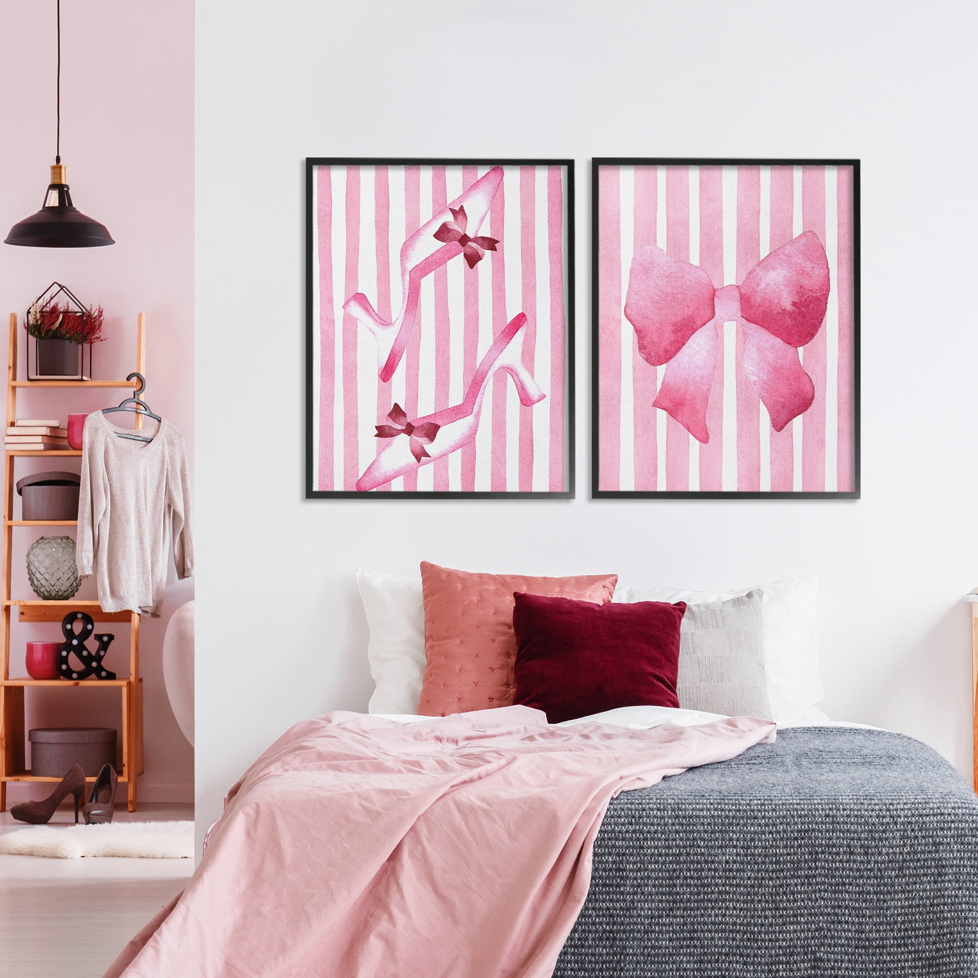 Stupell Industries Feminine Chic Bows Pink Stripes 2 Piece Black Framed Giclee Art Set, design by Camila Juncos