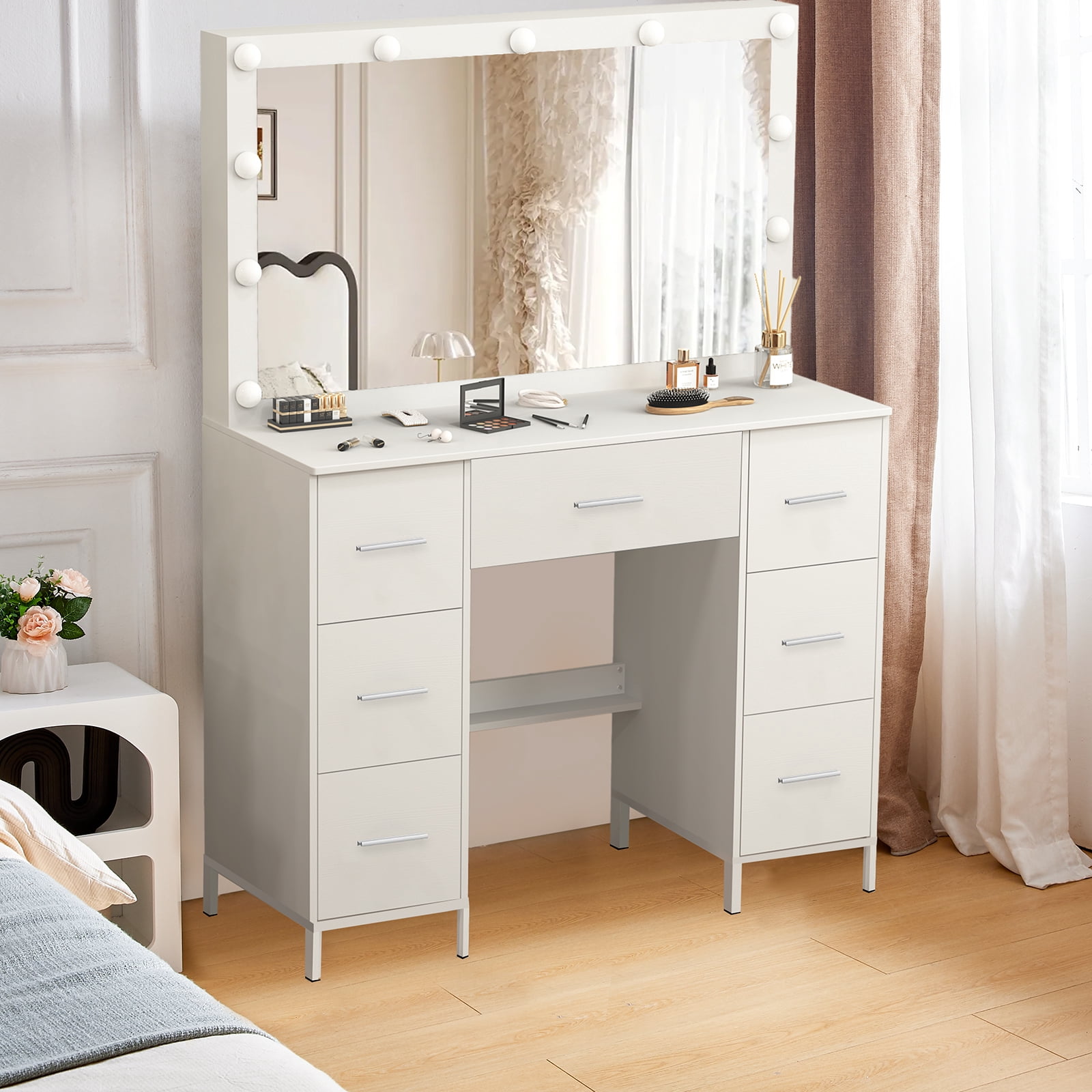 JBLCC Vanity Desk with Mirror and Lights, 7-Drawer Makeup Vanity Table with Hollywood Bulbs for Bedroom, Dressing Table for Women & Girls, White