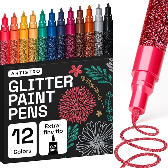 12 Glitter Paint Pens for Glass Marking, Rock Painting, Ceramic, Wood, Fabric, Scrapbooking, DIY Craft Making, Coloring - Acrylic Paint Markers Extra-Fine Tip 0.7mm