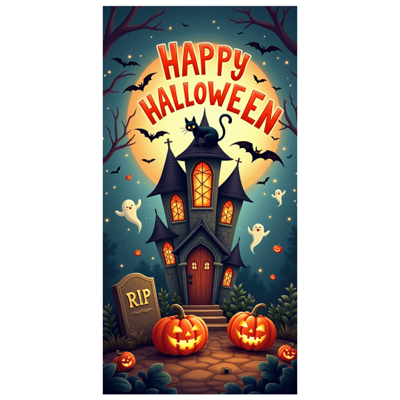Halloween Theme Happy Halloween Banner Gothic Design Haunted House Black Cat for Halloween Party Spooky Decor Indoor Decoration