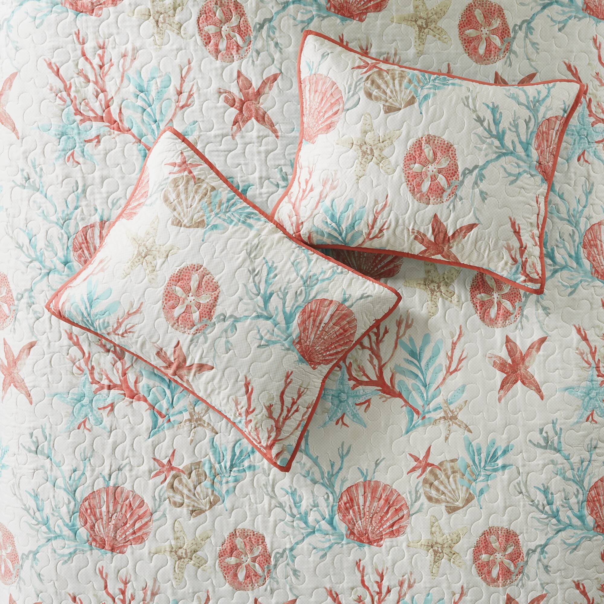 Madison Park Coastal Patterned 6-Piece King/Cal King Reversible Sateen Coverlet Quilt Set, Coral