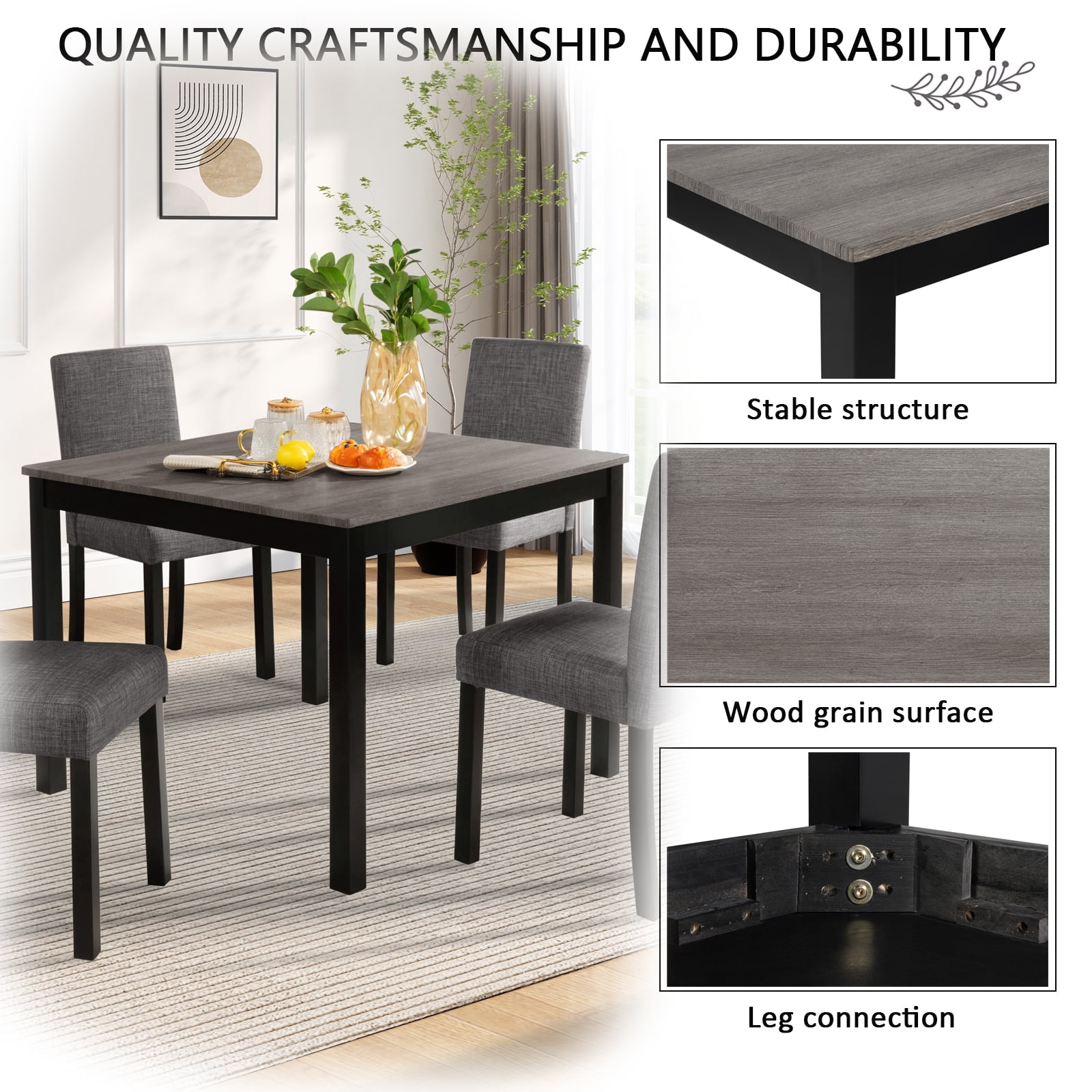MAYEERTY 5-Piece Dining Table Set 4 Chairs Wooden Style for Kitchen Dining Room Light Grey & Black