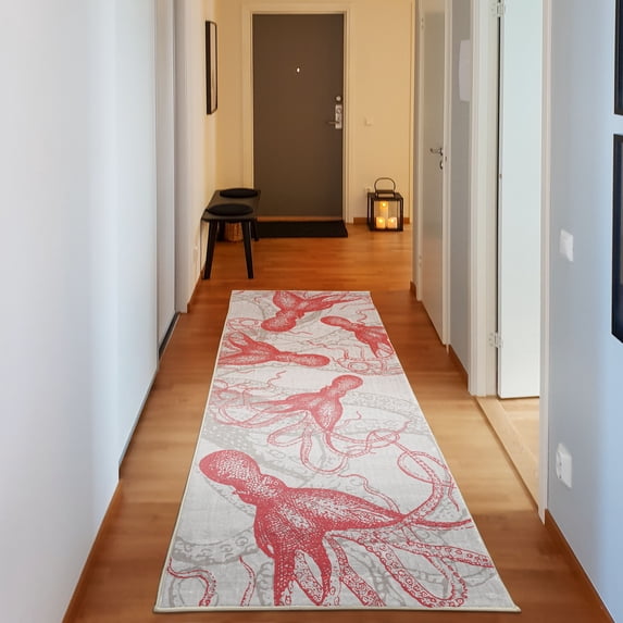 Octopus Decorative Rug, Monochrome Marine Animal Tentacles in Sketch Subaquatic Life Art, Quality Carpet for Bedroom Dorm and Living Room, 6 Sizes, Dark Coral, by Ambesonne