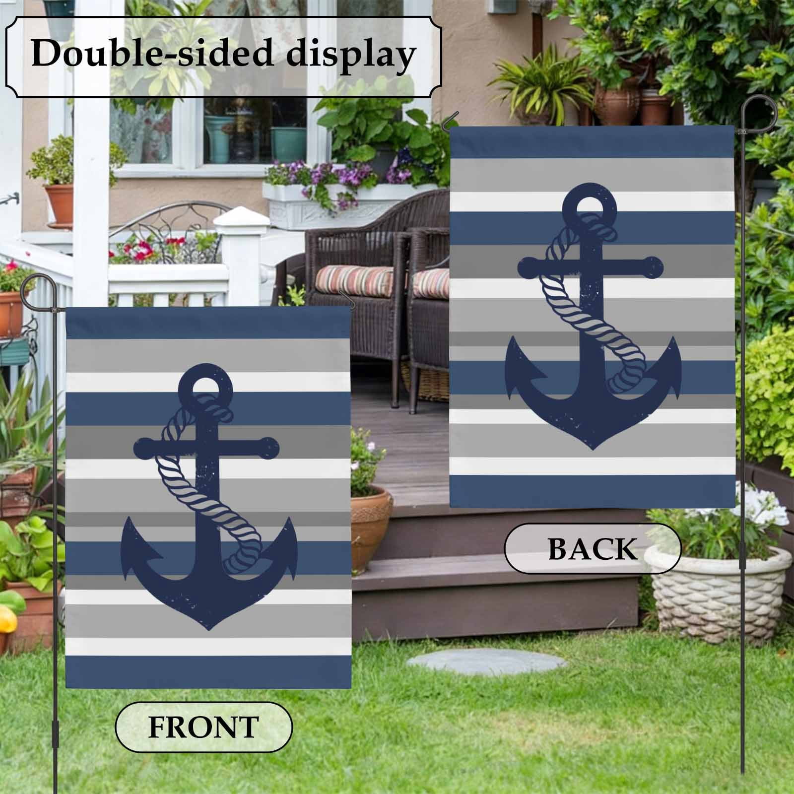 Nautical Anchor House Flag 28 x 40 Inches, Navy Blue Grey Stripe Modern Simplistic Striped Weather Proof Outdoor Patio Flags Double Sided Small House Decoration for Yard Lawn Outside Home