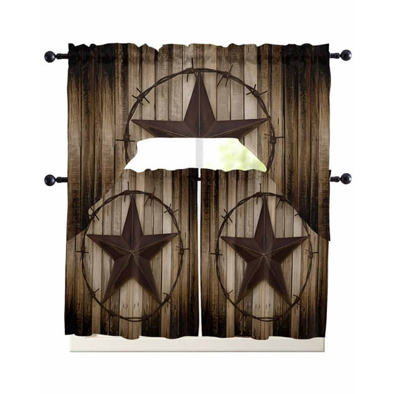Western Star Retro Kitchen Curtains Sets 36 Inch Length with Valance, Vintage Brown Wood Barn Swag Valances and Tiers Curtain Set Drapes Swag Curtains for Living Room, Bathroom, Bedroom, Cafe