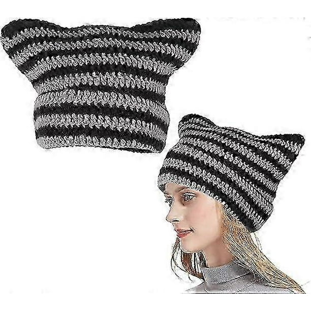 Women's Knit Beanie Hat Winter Cat Ears Hats Warm Elastic Cap Soft Slouchy Striped Knitted Hat(Black Gray)