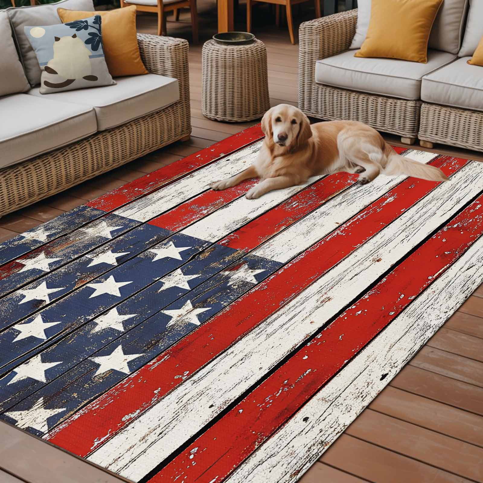 Outdoor Rug 5x7 ft 4th of July Waterproof Outdoor Patio Rug Mat Non Slip Outside Area Rugs Carpet for RV,Camping,Porch,Deck,Pool,Balconybackyard,Patriotic Wood American Flag Red White and Blue