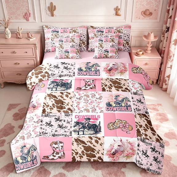 Erosebridal Pink Cowgirl Comforter Set 7 Pieces Twin Size,Western Cow Print Bedding Set,Farm Horse Stitched Western Bed in a Bag,Comforter Sheets Pillowcases Cushion Covers