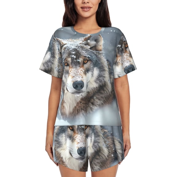 Ratiio Majestic Snowy Wolf Print Womens Pajama Sets 2 Piece Soft Short Sleeve Top and Shorts Sleepwear Round Neck Pjs Lounge Set
