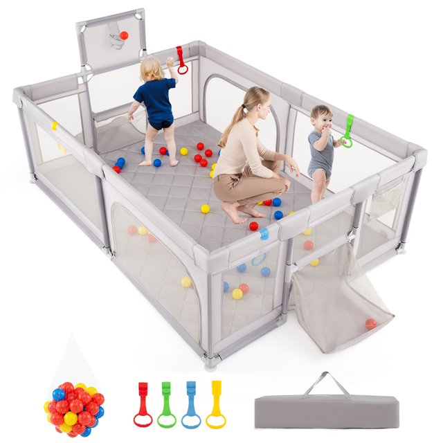 Gymax 81'' x 57'' Extra Large Playpen for Babies & Toddlers w/Basketball Hoop Gray