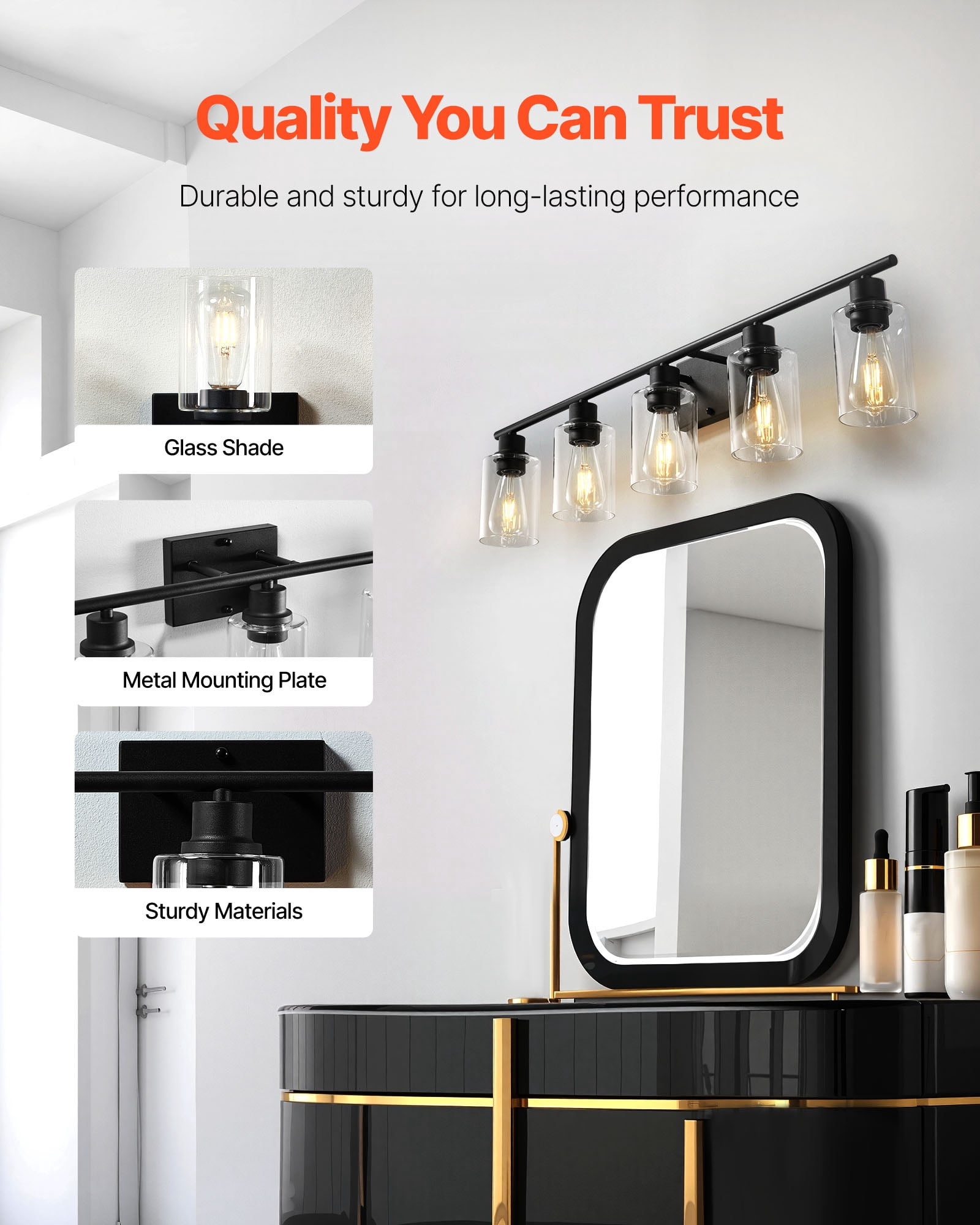 VEVOR 5-Light Bathroom Vanity Lights, 37.1-Inch, Modern Light Fixtures Above Mirror with Clear Glass Shade, 60W, Wall Lighting for Bathroom, Living Room, Bedroom, Hallway, E26 Base