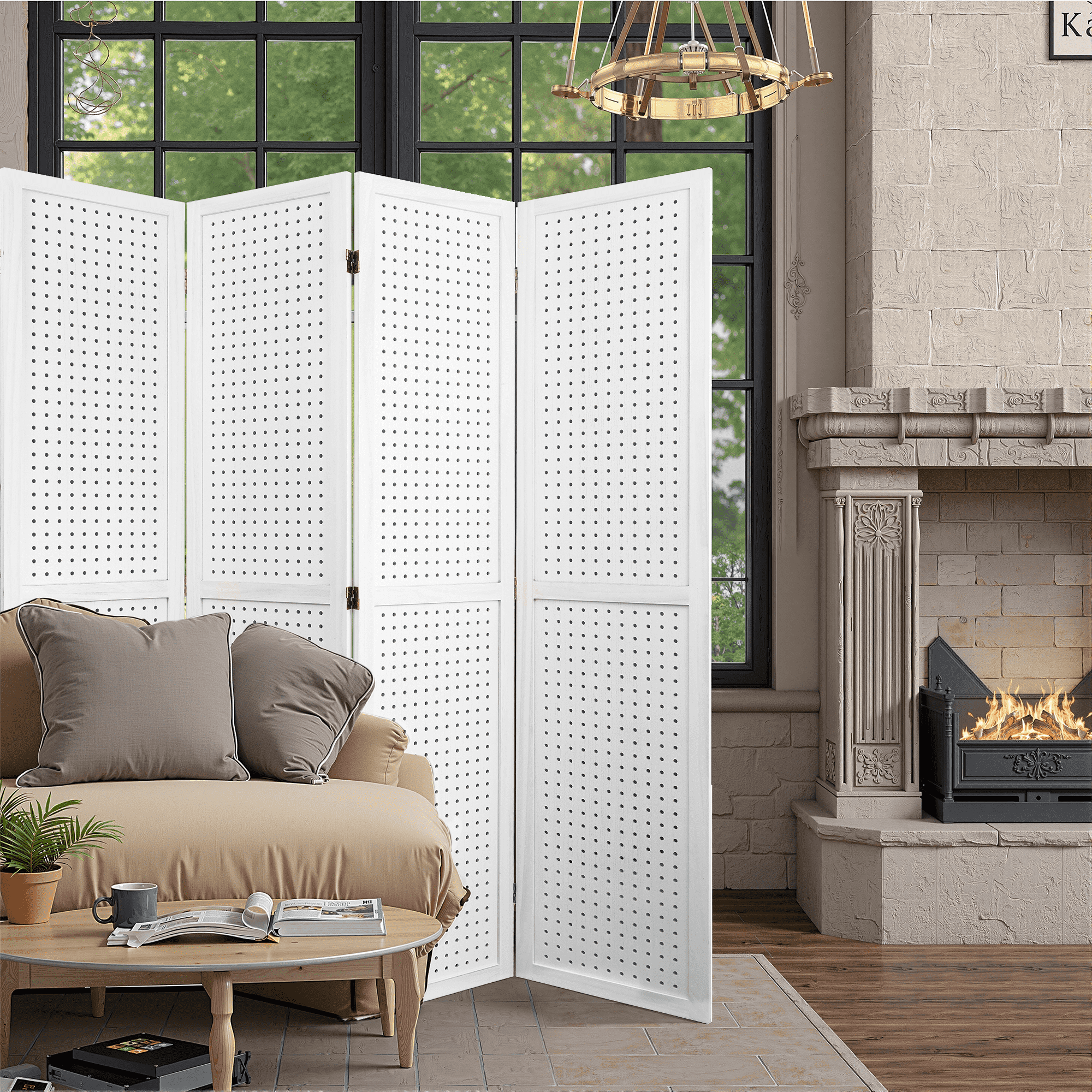 MAYEERTY 4 Panel Freestanding Room Divider, 5.6Ft Wooden Privacy Screen with Shelves, White