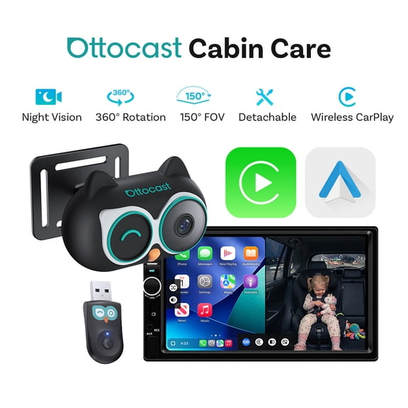 Ottocast Cabin Care Baby Car Camera - Wired to Wireless CarPlay Android Auto Adapter - Car Accessories Camera 1080P HD for Baby Kids Pets