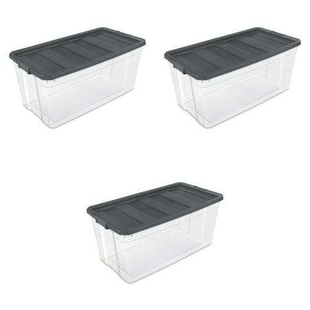 Sterilite Extra Large Storage Bin, 200 Quart Clear Plastic Storage Container with Latch Lid, Dark Gray, Pack of 3
