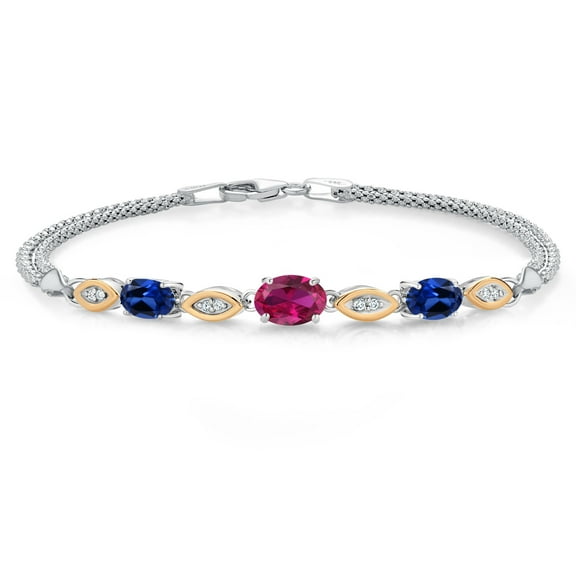 925 Silver and 10K Yellow Gold Red Created Ruby and Blue Created Sapphire and White Lab Grown Diamond Bracelet for Women (2.11 Cttw, Gemstone July Birthstone, Oval, Wheat Chain, 7.5 inches)