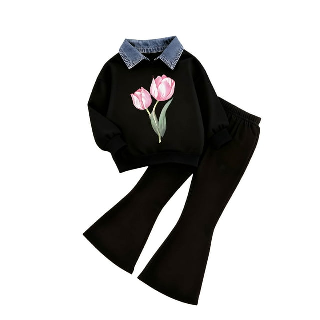 CAUYDY Toddler Girl Snug and Stylish Set Ribbed Polo Collar Sweatshirt and Comfy Flared Pants for Spring Fall Good For Casual Wear, Holiday, Gathering, Vacation, Daily life and Outgoing(A-A,5-6 Years)