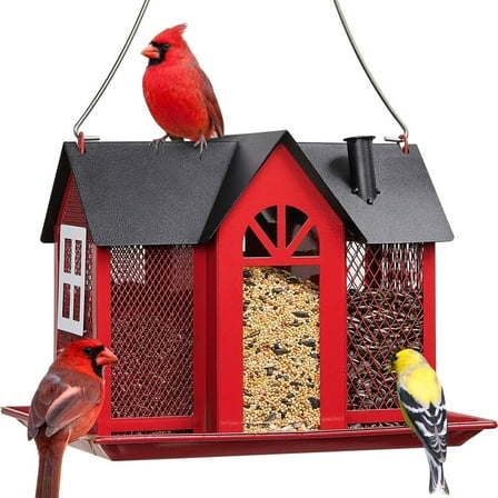 YMWVH Bird Feeder House for Outside, Metal Mesh Wild Bird Feeder with Triple Feeders for Finch Cardinal Chickadee, Large Capacity, Weatherproof and Durable, Red