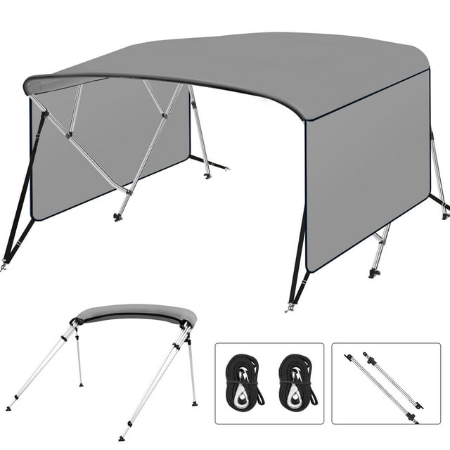 Grey 4 Bow Bimini Top Boat Cover with 1" Aluminum Alloy Frame, Including 2 Straps, 2 Adjustable Rear Support Pole, Zippered Storage Boot, PU Coating Canvas