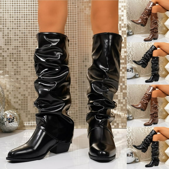 Miluxas Knee High Boots Women Slouched Ruched Fold Over Knee High Boots Chunky High Heels Long Boot Pointed Toe Dress Tall Booties Brown 9.5(43)