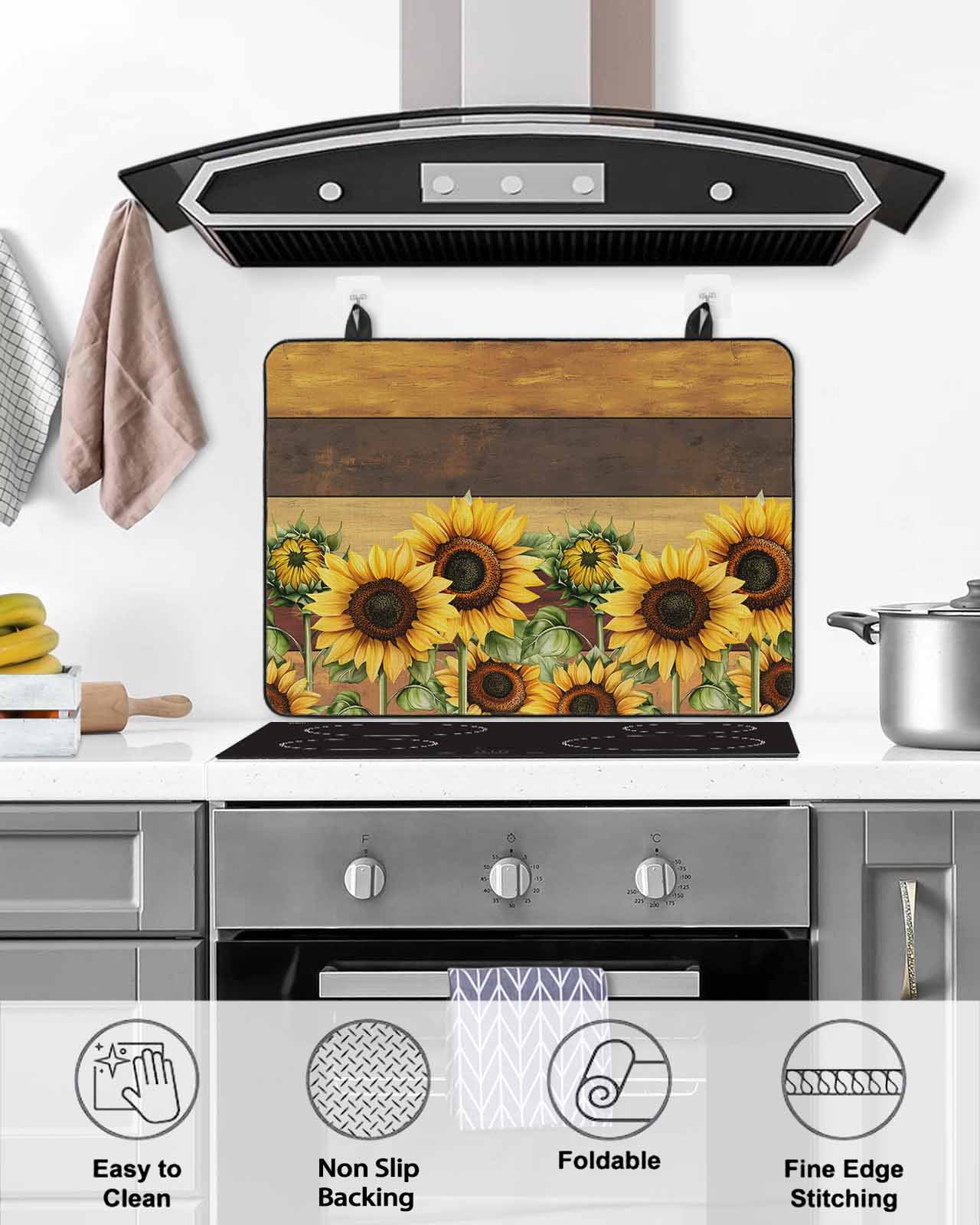 nqOlkjepod Large Induction Cooktop Protector Mat 36"x21", Sunflower Stove Top Covers for Electric Stove, Summer Botanical Floral Blooming Vintage Stove Burner Cover Mats, Glass Top Stove Cover
