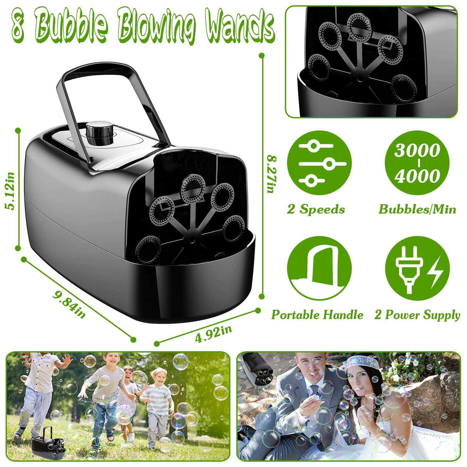 Bubble Maker Automatic Bubble Blower Portable Bubble Blowing Machine with 2 Speeds Handle 3000-4000 Bubbles Per Minute Plug-In Battery Powered