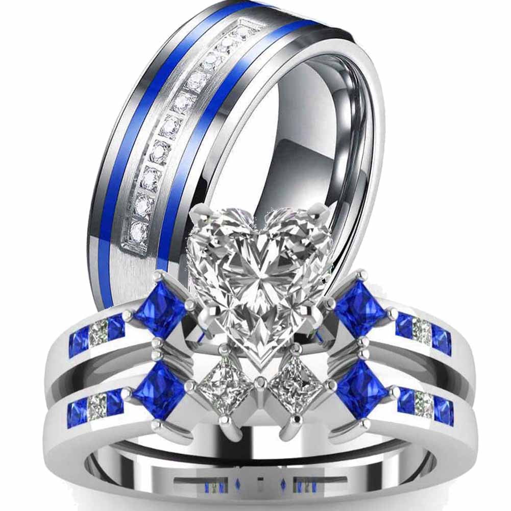 Blue Matching Ring Couple Rings 1 CT CZ Women Wedding Ring Sets Male Titanium Ring