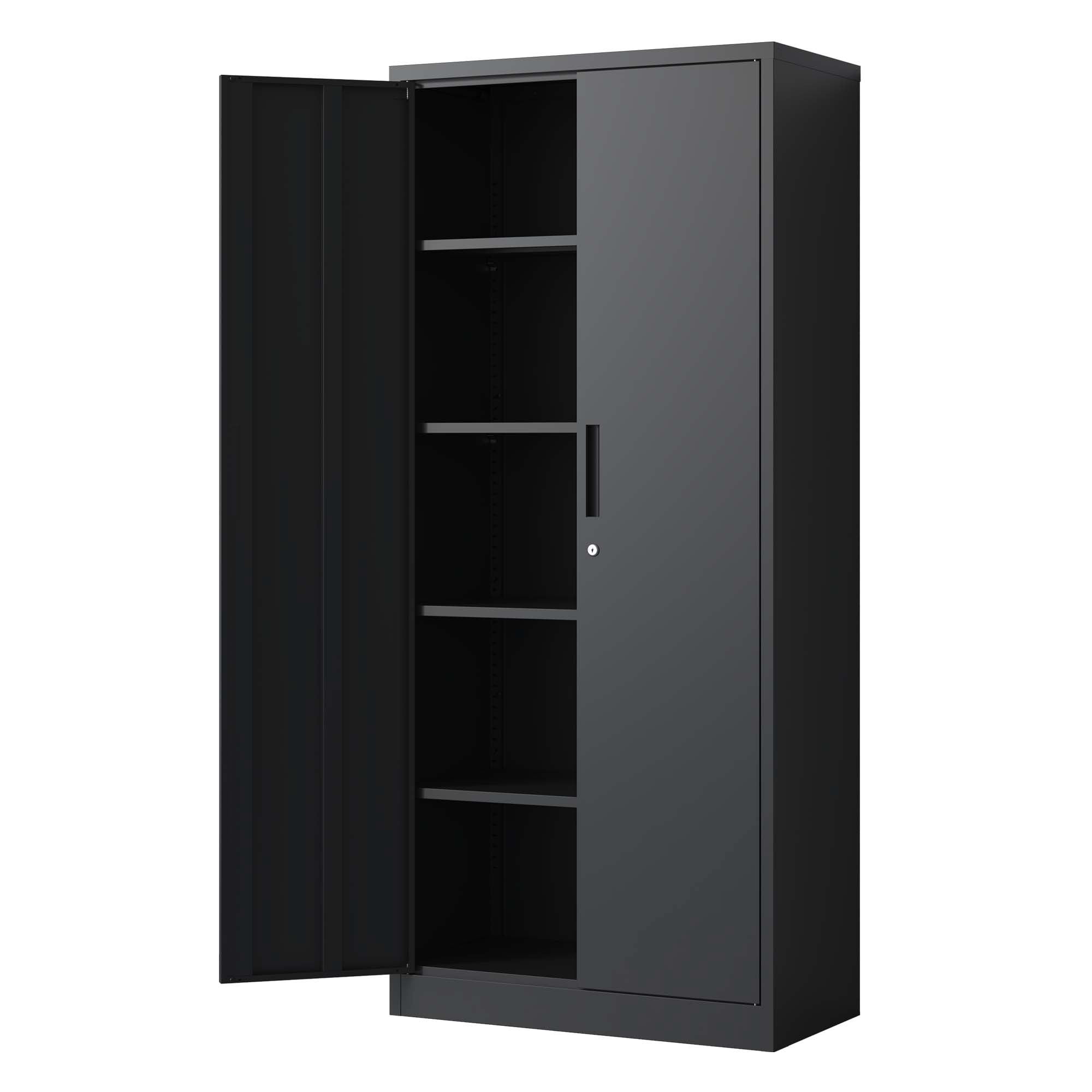 Metal Garage Storage Cabinet, Black Tool Steel Locking Cabinet with Doors and 3 Shelves