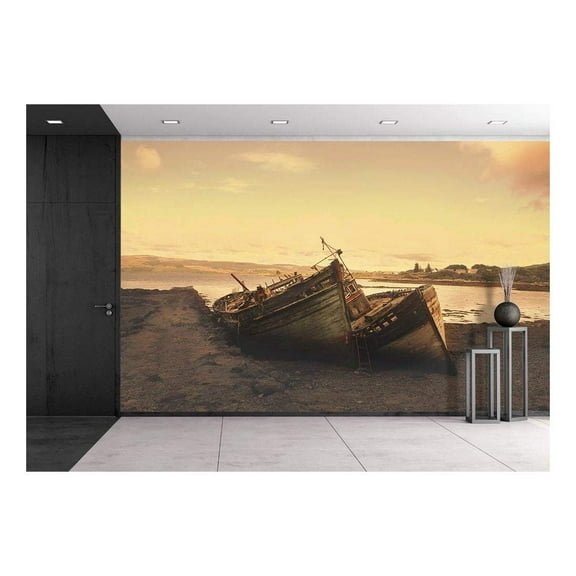 wall26 - Shipwreck Scene with Boat Drenched by The Coast in Sunset - Removable Wall Mural | Self-Adhesive Large Wallpaper - 100x144 inches
