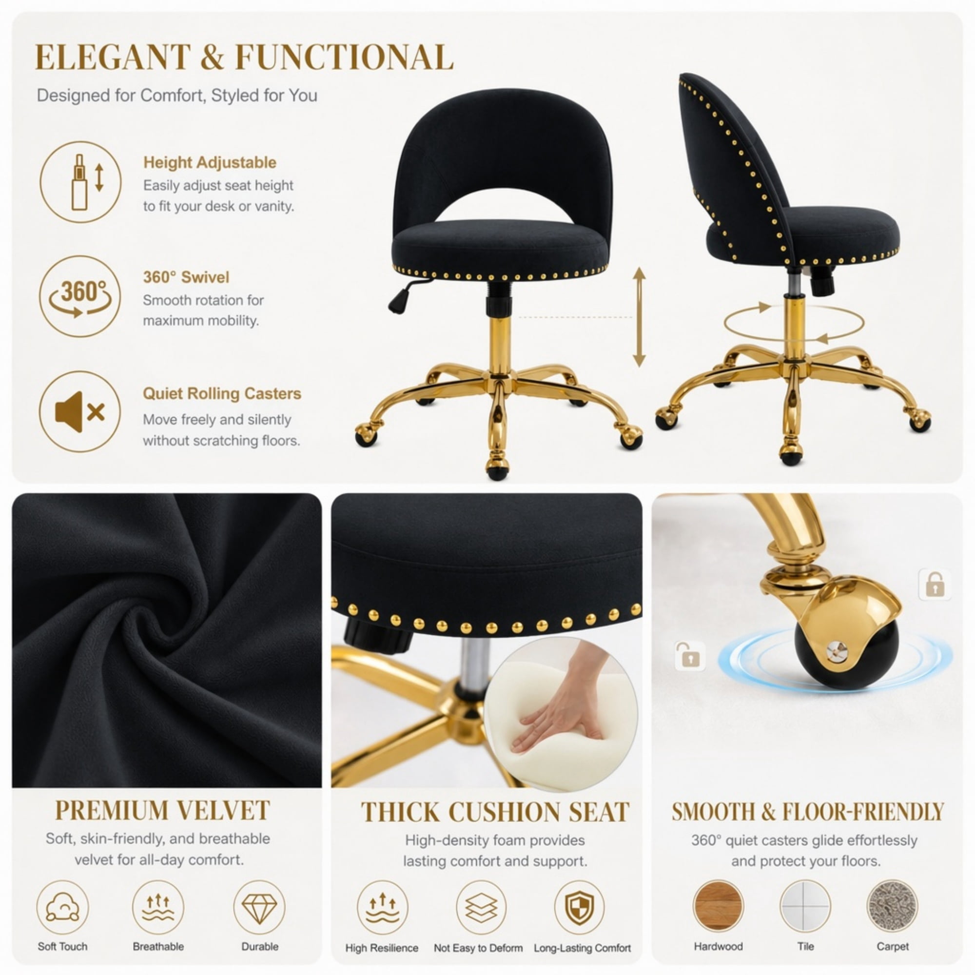 Ktaxon Office Desk Chair Adjustable Flannel Computer Task Chair Small Rolling Vanity Stool with Wheels for Study Make-up Dressing Black